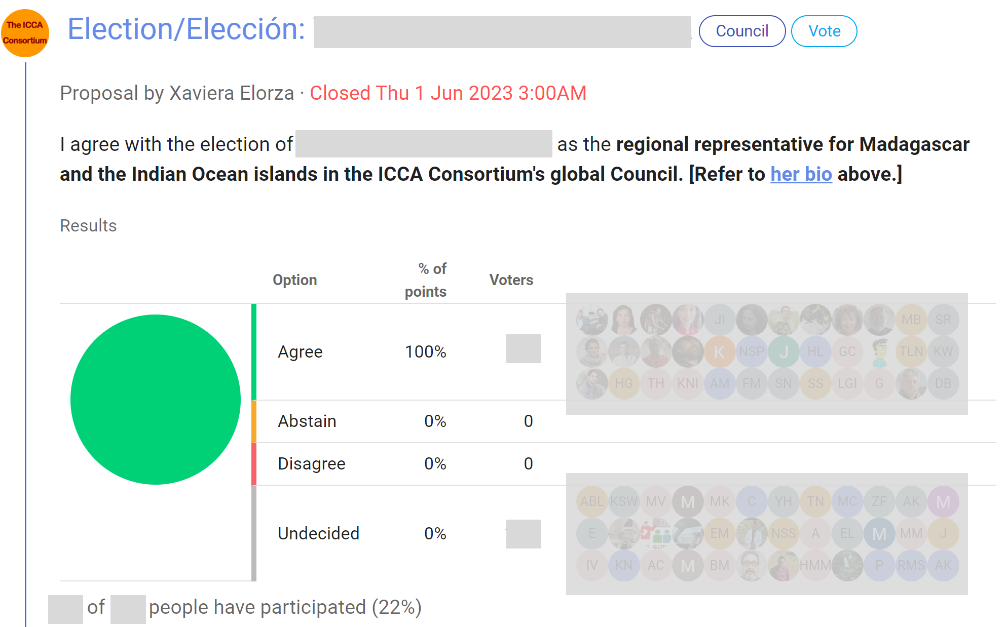 A redacted image of the ICCA election loomio proposal