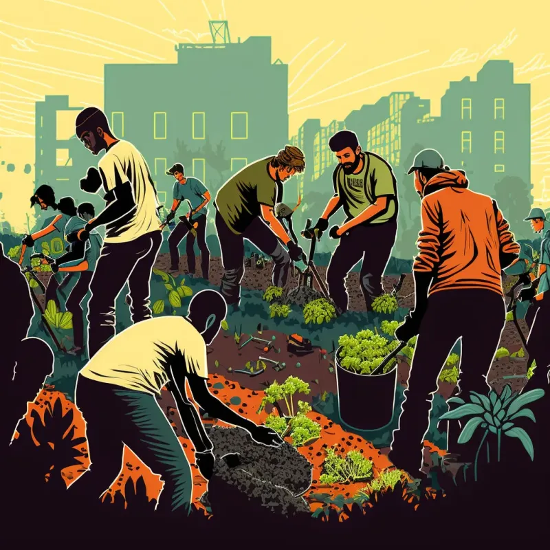 Illustration of people growing and harvesting food together