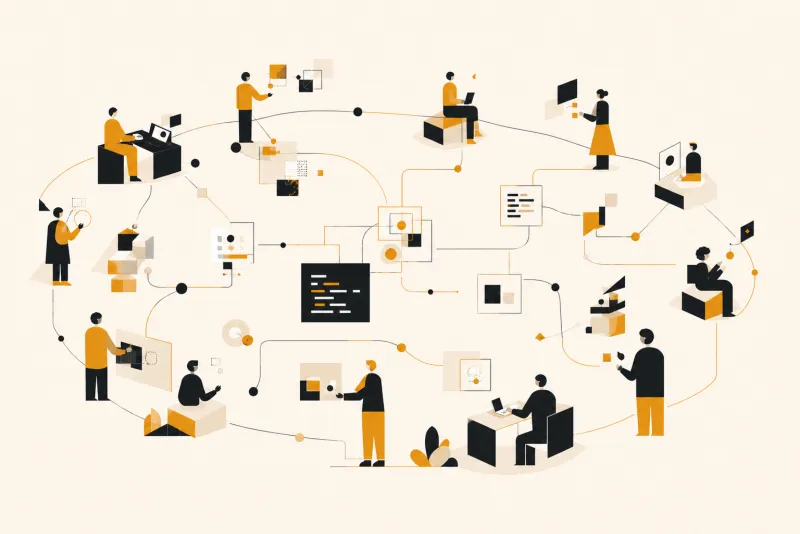 Illustration of distributed collaborators connected around shared decisions