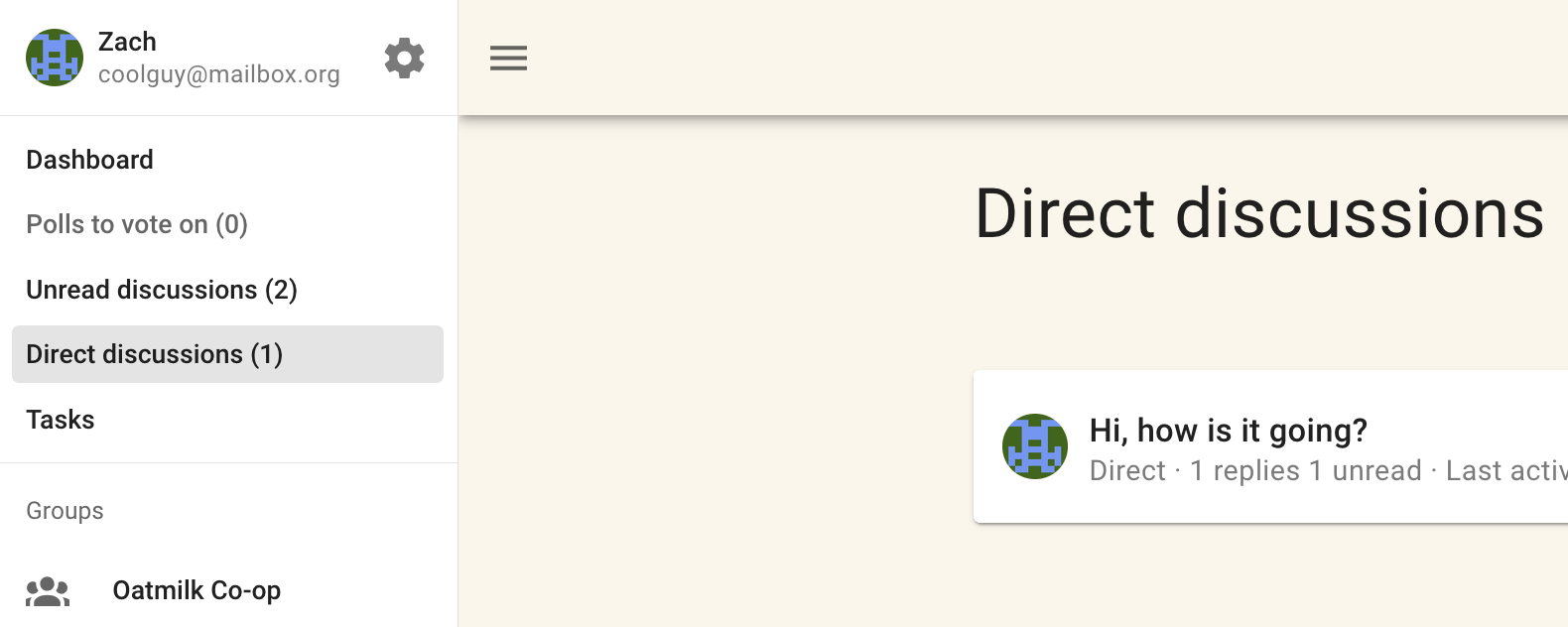 Screenshot of sidebar in loomio group, showing navigation links. The "Direct Discussions" link is highlighted in this list. It says "Direct discussions " followed by "(1)" , indicating this user has 1 direct discussion.