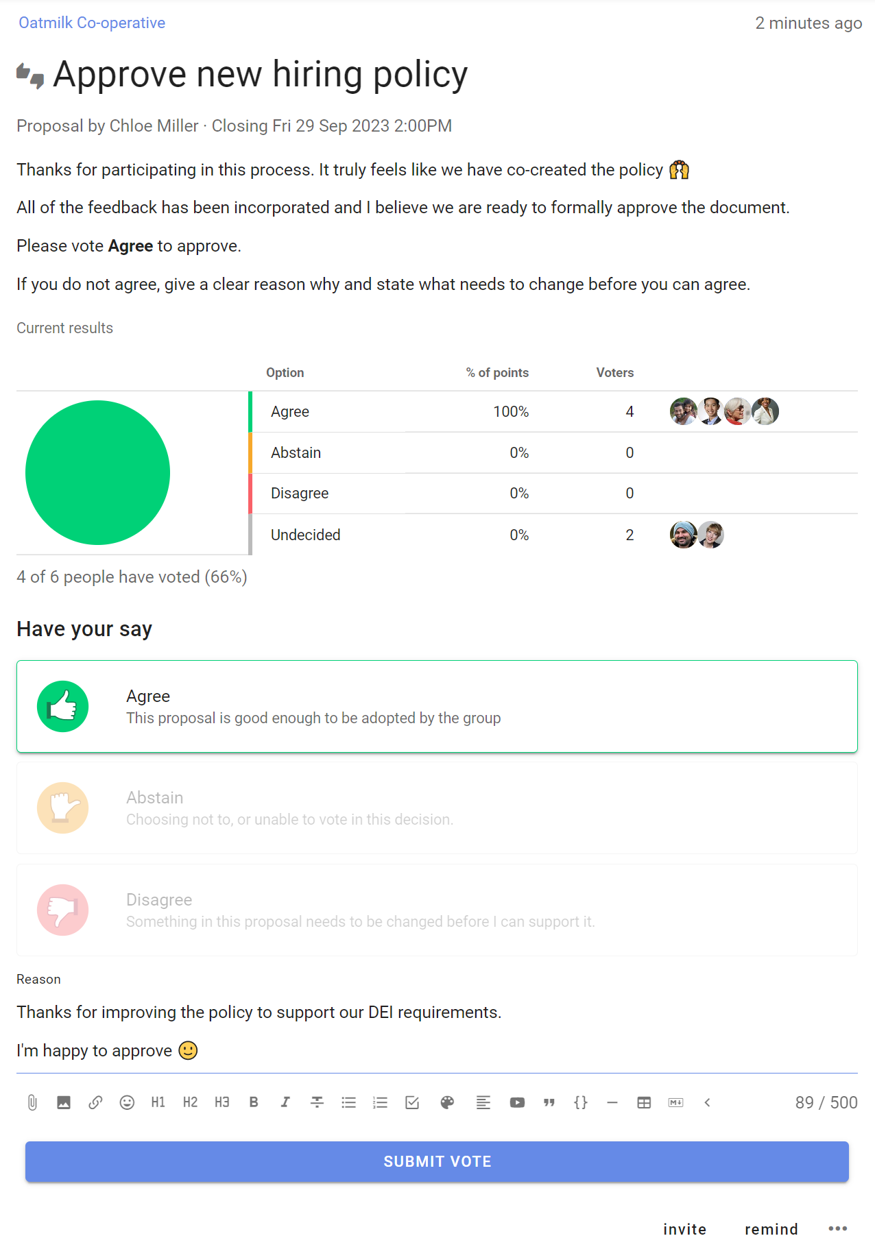 Screenshot of discussion titled "Approve new hiring policy". In the opening message, the members are thanked for participating in the process as it feels like everyone co-created this new policy. It then says that the org is ready to formally approve the document, and asks the members to vote for the approval below. Below this message is a vote where you can approve, abstain, or disagree. A pie chart shows the current results with 4 people voting in approval and 2 undecided.