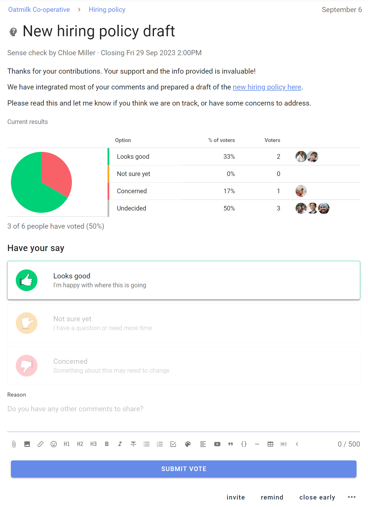 Screenshot of discussion titled "New Hiring policy draft". The opening message thanks members for their inputs and provides a link to the updated policy document. The author asks to please read the updated policy and let them know "if you think we are on track or have some concerns to address". Beneath this is a poll with several voting options: "Looks good", "Not sure yet", and "Concerned". A pie chart shows the current outcome of the poll, with 2 people voting "looks good", 1 person voting "concerned", and 3 still undecided.