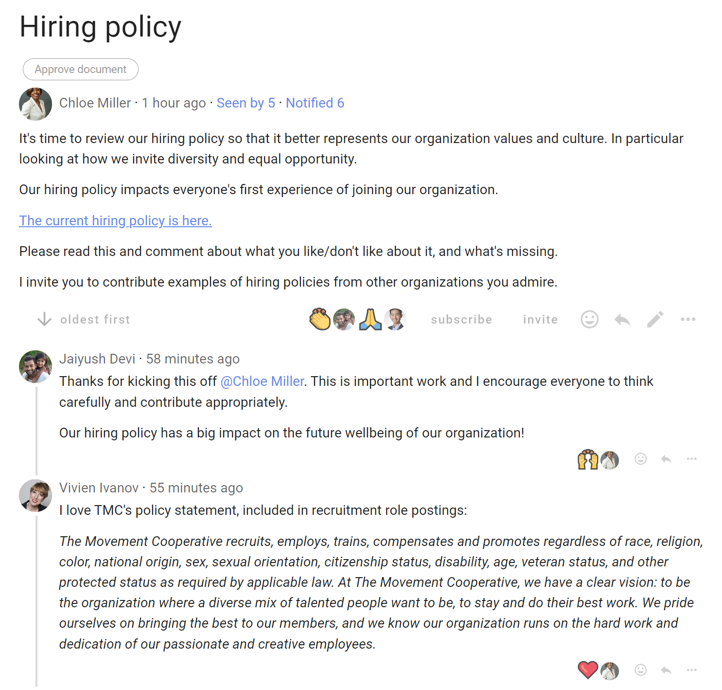 Screenshot of discussion titled "Hiring policy". The opening message includes a link to the current hiring policy and some further context. The comments beneath are discussing the importance of this policy and a quote from another org's hiring policy.