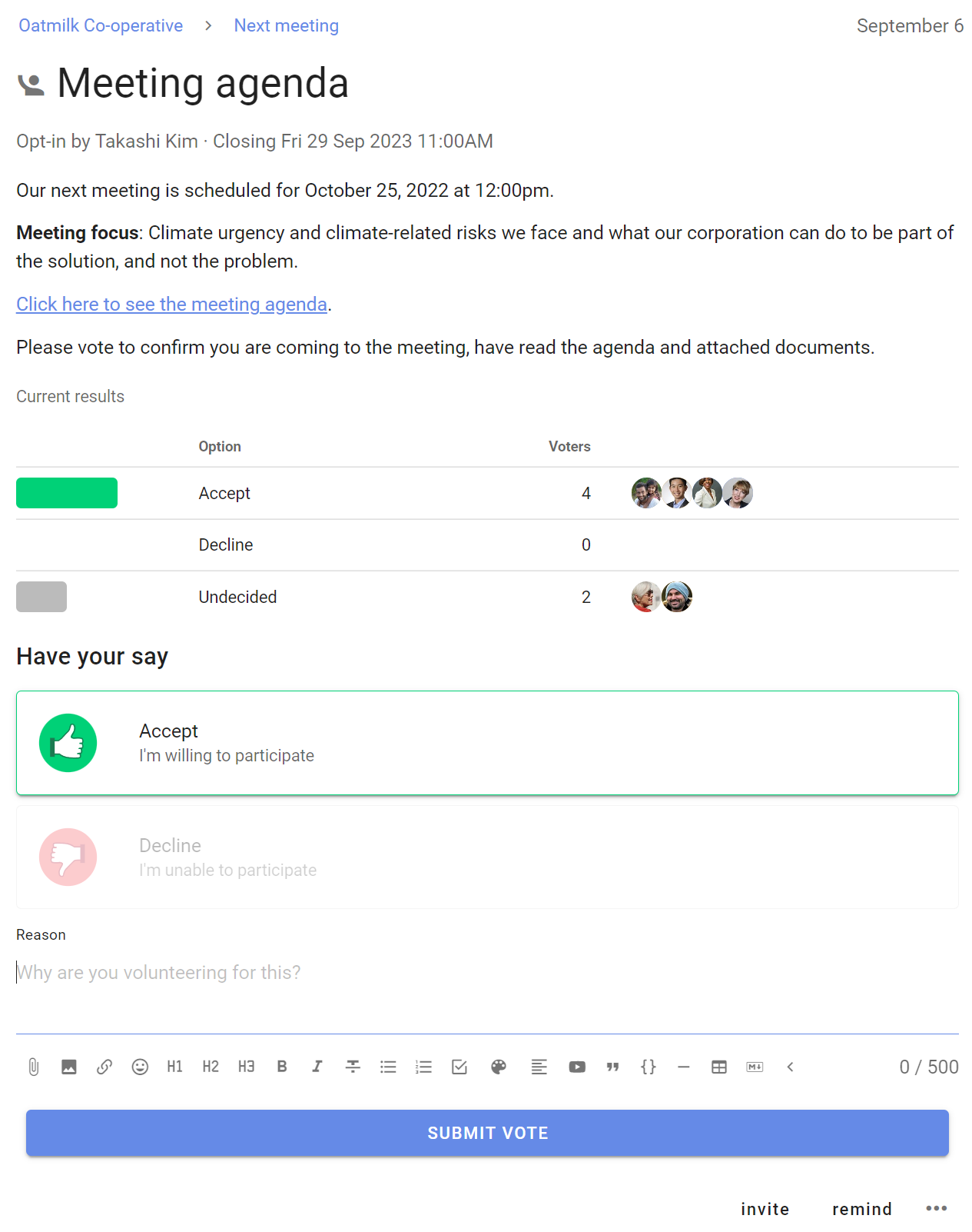 Screenshot of a discussion titled "Meeting Agenda". The opening message is richly formatted, with "Meeting focus" in bolded text and a blue link to the meeting agenda. There is a poll beneath this asking members to confirm they are going to the meeting and have read the agenda. The poll shows 4 members have said yes, and 2 are undecided.