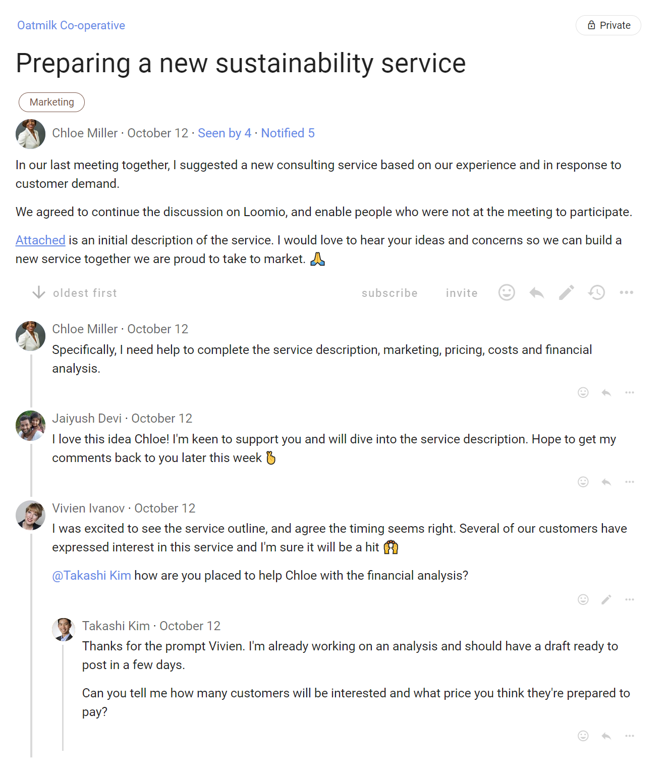 Screenshot of a discussion titled "Preparing a new sustainability service" with the tag "marketing". In the opening message the author asks for support with this initiative and includes a link to an initial description of the service. There is a comment thread beneath where they give further context and other members begin discussing how to help.