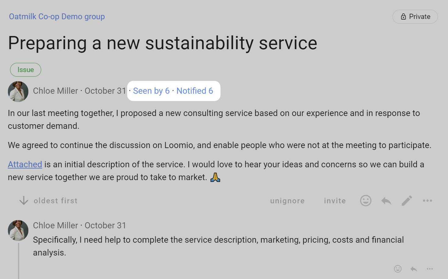 Screenshot of a thread, with majority of screen grayed out so that the the "seen by" and "notified" numbers are highlighted. Both of these are blue links next to the thread author. They show the thread was seen by 6 and notified 6.