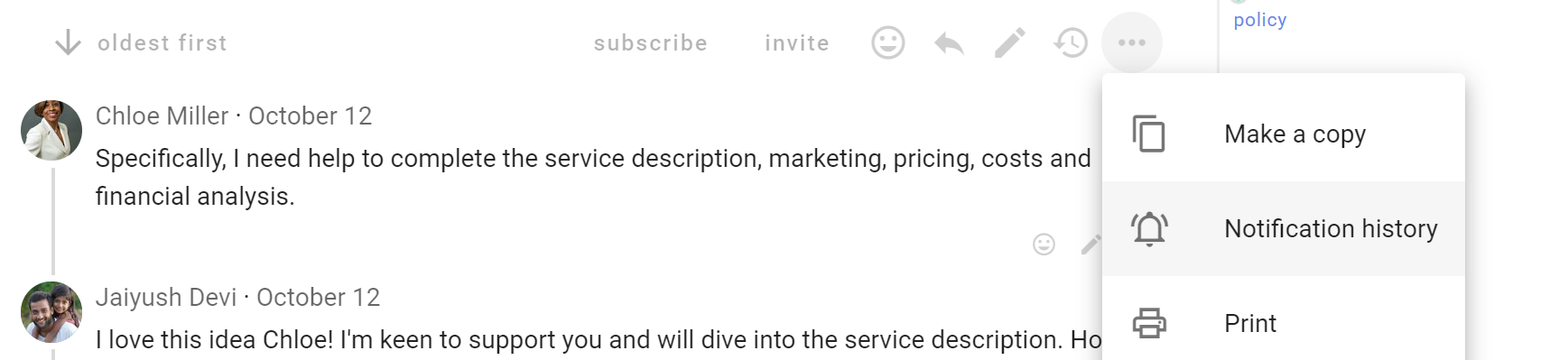 Screenshot showing the beginning comments of the thread. At the top is a set of icons, with the "..." icon clicked. A dropdown appears beneath the mouse cursor clicking the "..." and the dropdown has the options "Make a Copy", "Notification History", and "Print".