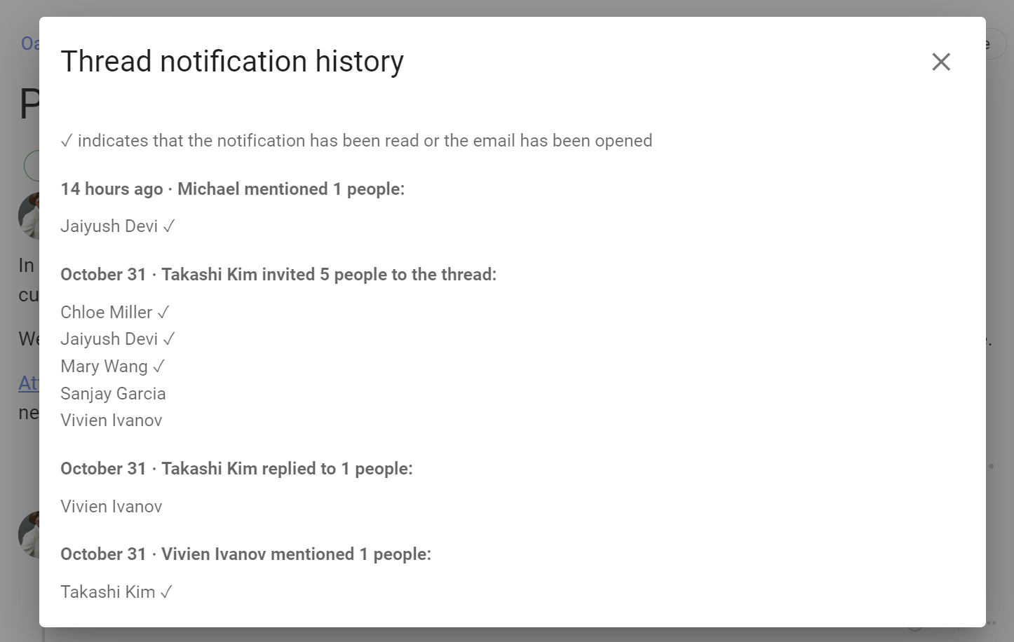 Screenshot of the notified window. It has the heading "Thread notification history" followed by the helper text "✓ indicates the notification has been seen or email opened". The text beneath is grouped into three sections, each section heading is a bolded description of an event in which people were notified, and beneath this is a list of people that were notified. The first heading, in bold, is "14 hours ago - Michael Mentioned 1 people:" and beneath this the name "Jaiyush Devi". The second group is "October 31 - Takashi Kim invited 5 people to the thread" followed by a list of names. Some of the names have "✓" next to them, and some do not.