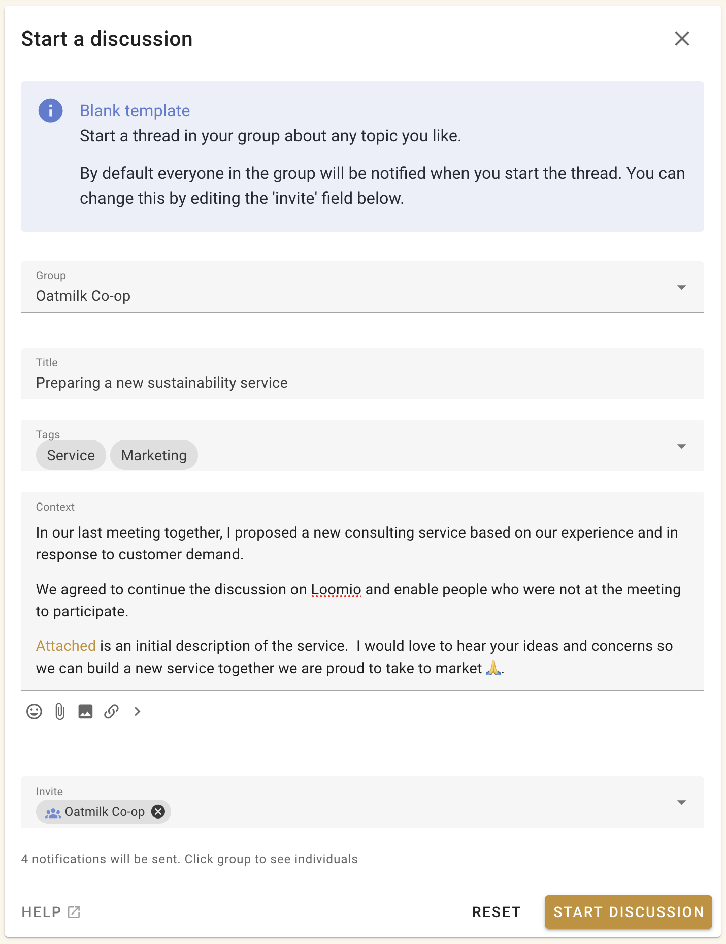 A screenshot of a new discussion form, showing fields for title, tags, context, and group. The title is "Preparing a new sustainability service" with the context a longer description of the service. It is tagged with sustainability and marketing.