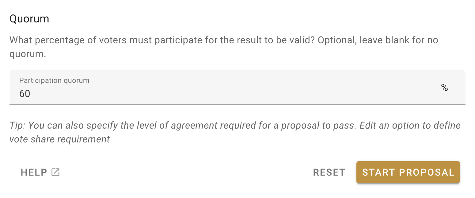 Screenshot showing the bottom of a proposal's customisation window, with "Quorum" as a heading above an input box, and a percentage sign at the end of the input box. "60" is entered into the input box. In the bottom right is an orange "start proposal" button.