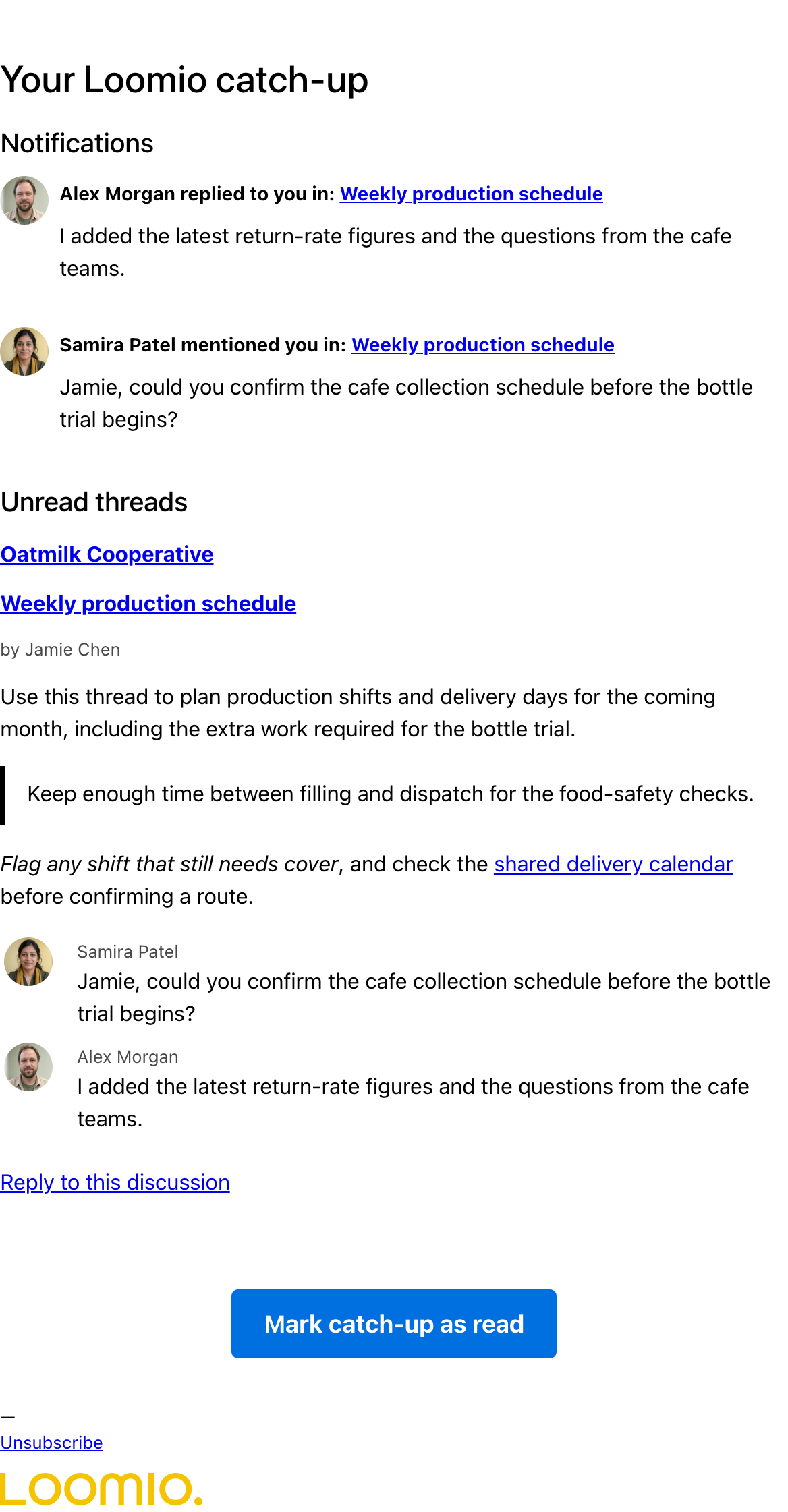 A catch-up with unseen notifications and unread thread activity from one group