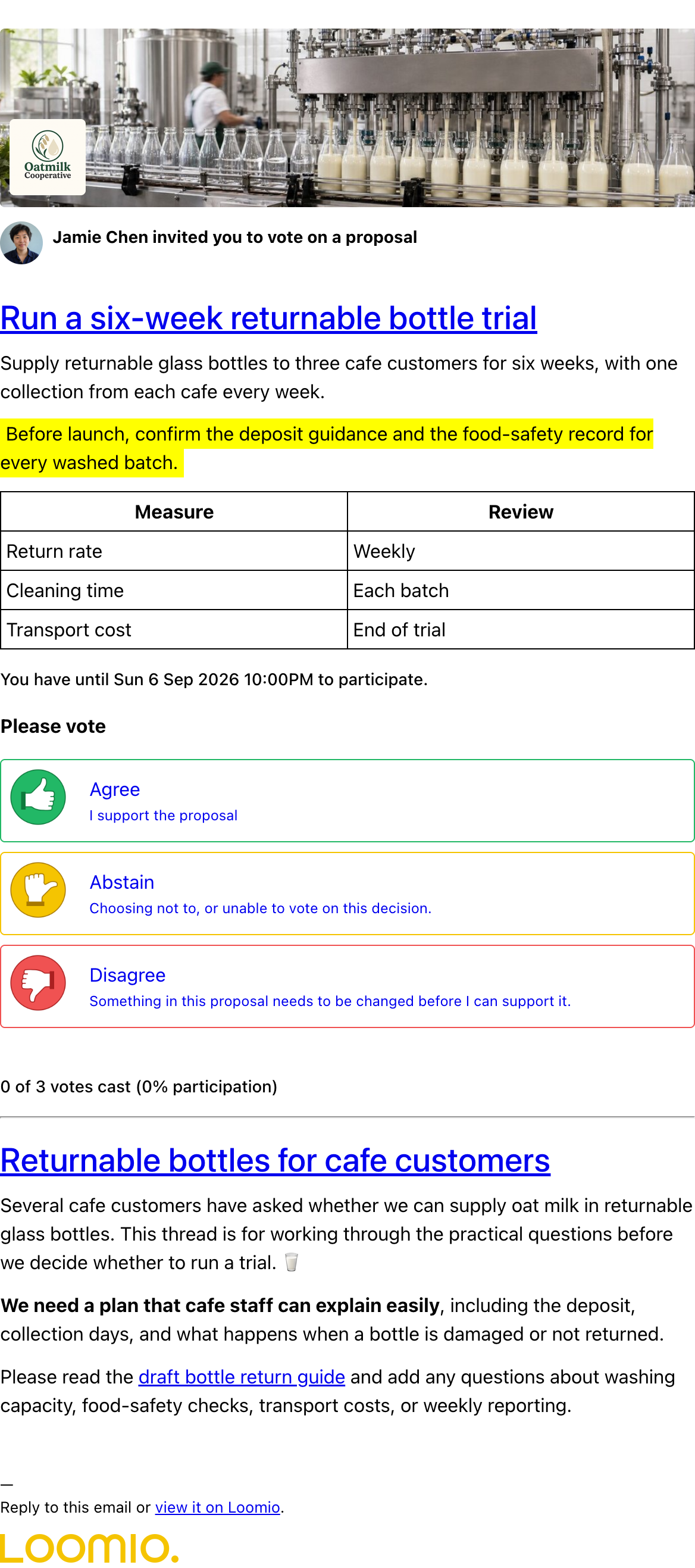 A proposal invitation email with response options and the related thread