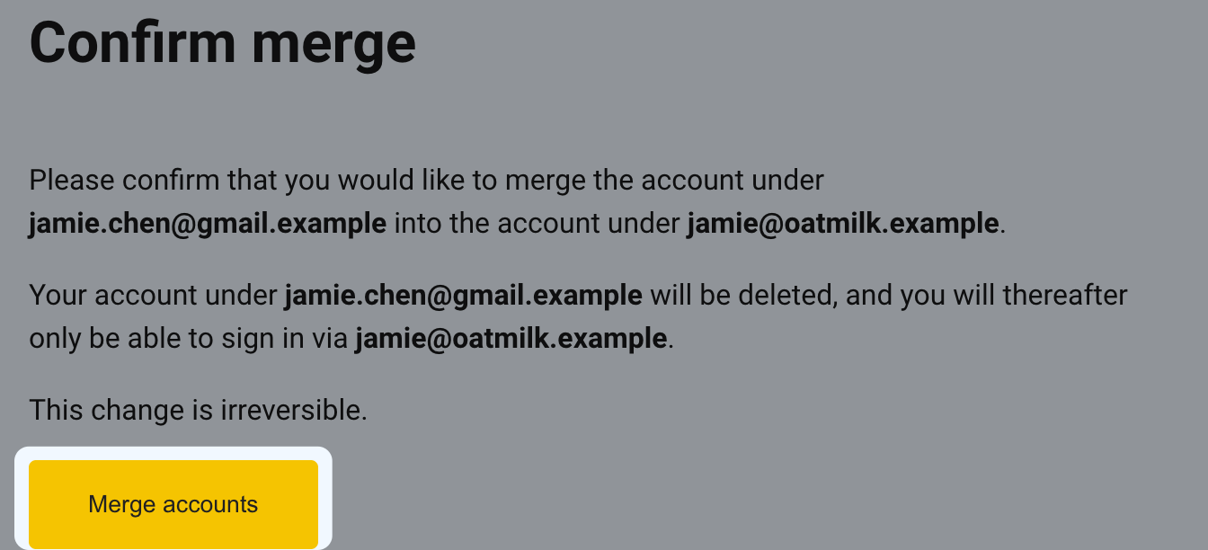The final confirmation page with the Merge accounts button highlighted
