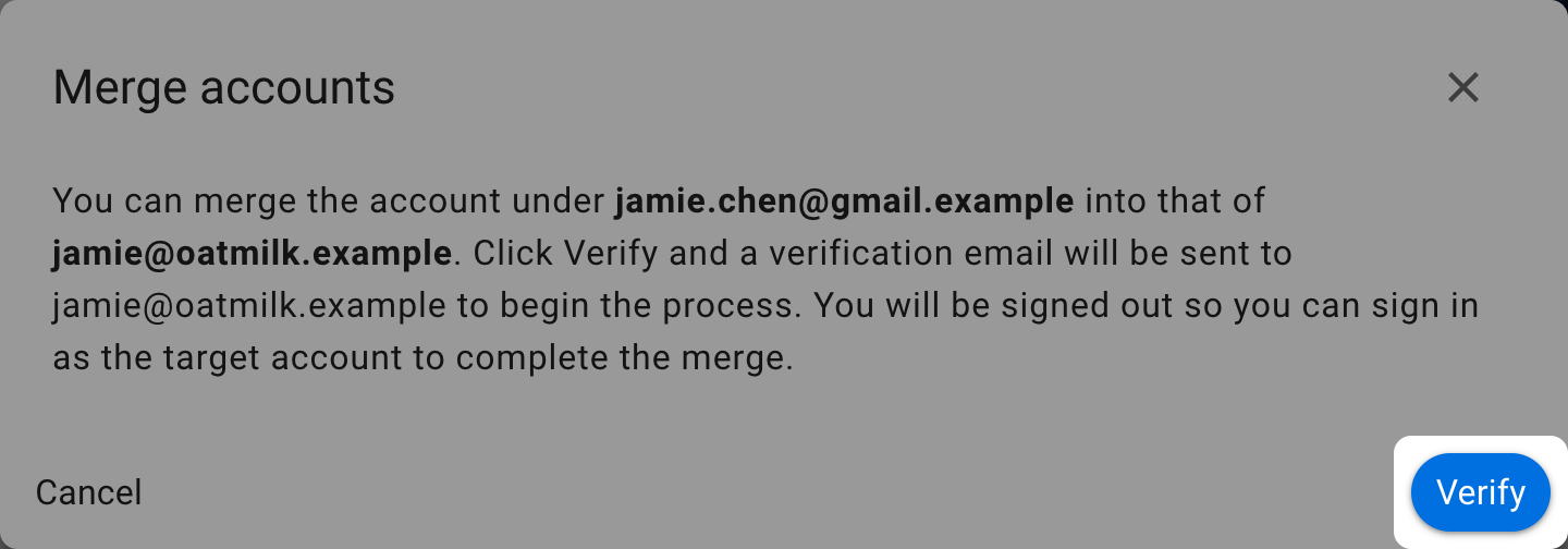 The merge accounts verification dialog with the Verify button highlighted
