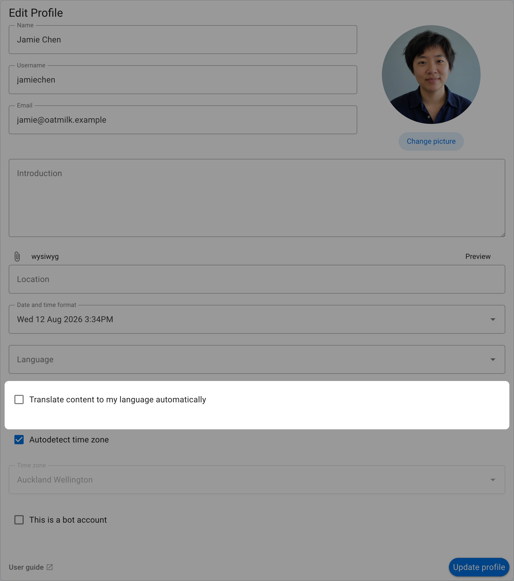 The automatic content translation preference on the Edit Profile page
