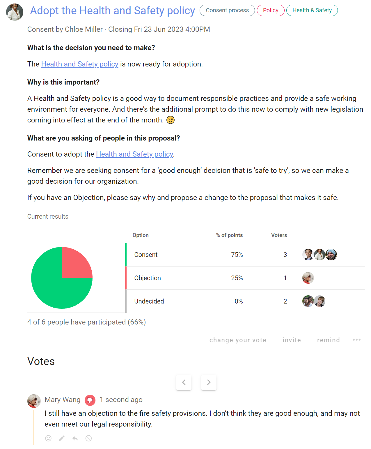 screenshot of consent to approve health and safety policy in Loomio