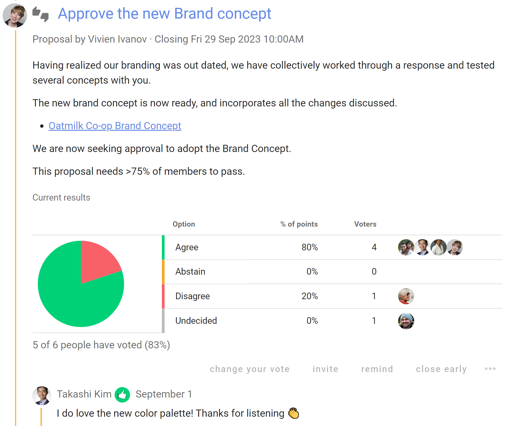 screenshot of decision to approve new brand concept in Loomio
